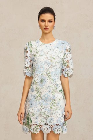 hazel Floral Printed Lace Mini Dress in sky blue