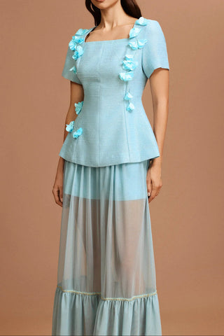 ursula blue Short Sleeves Flowers Folds Top And Skirt Two-Piece Set