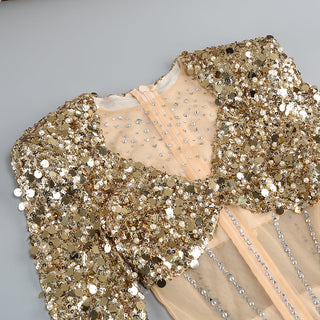 sequin long sleeve maxi dress in gold