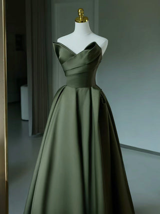 A-Line V Neck Satin Green Prom Dress