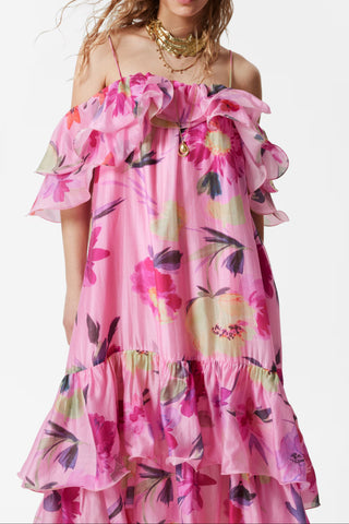 hedwig off-shoulder floral printed ruffle maxi dress in rose red
