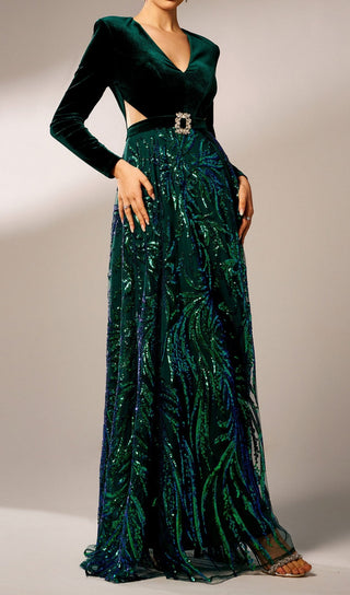 high slit sequin long sleeve maxi dress in green