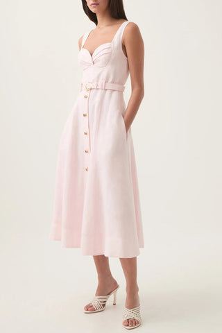 sweetheart neckline belted midi dress in pink