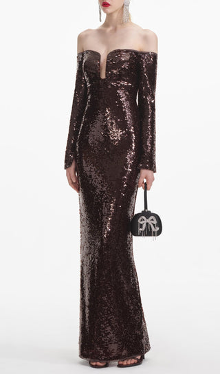 long sleeve sequin maxi dress in brown