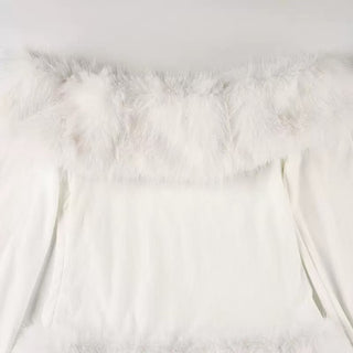 White Strapless faux fur slim mini dress