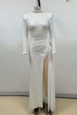 YVETTE PEARL EMBELLISHED SEQUIN MAXI DRESS IN WHITE