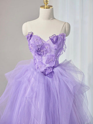 A-Line Tulle Lace Applique Purple Prom Dress