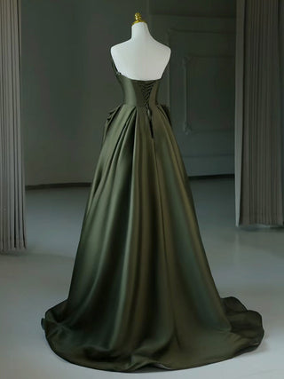 A-Line V Neck Satin Green Prom Dress