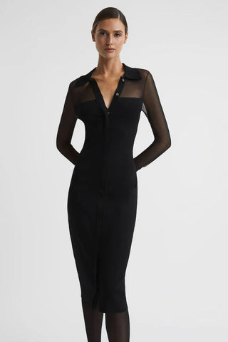 sheer knitted button-through midi dress in black