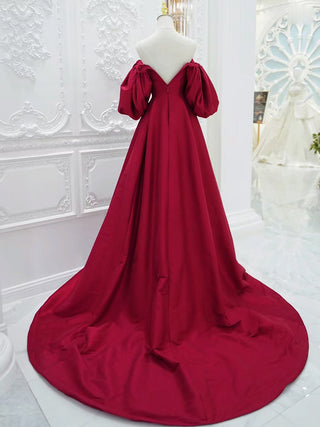 Red Puff Sleeves Satin Dress