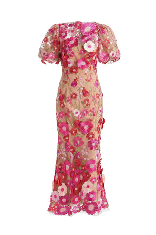 CAROL ROSE RED FLORAL EMBROIDERY MESH FISHTAIL MIDI DRESS