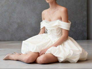 White Satin Beaded Off Shoulder Mini Dress