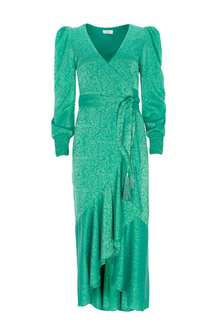 GRACE - Green Jacquard long-sleeved wrap dress