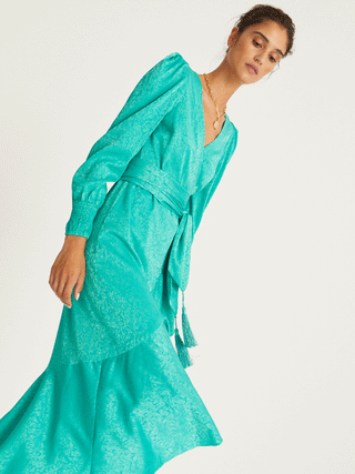 GRACE - Green Jacquard long-sleeved wrap dress