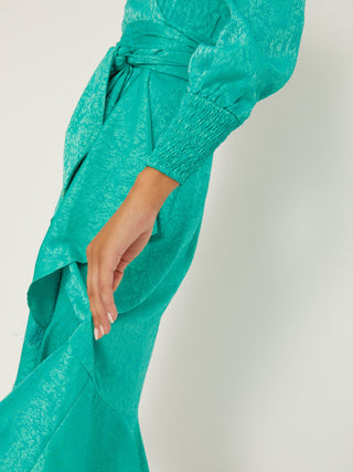 GRACE - Green Jacquard long-sleeved wrap dress