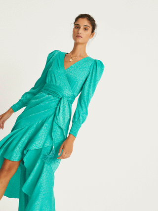 GRACE - Green Jacquard long-sleeved wrap dress