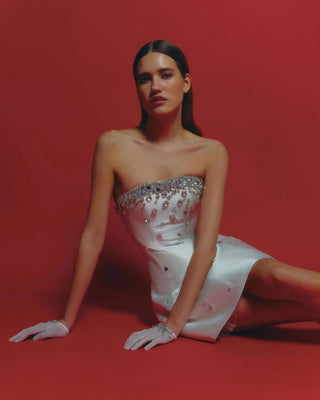 GREY CRYSTAL-EMBELLISHED STRAPLESS MINI DRESS