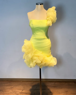 One shoulder ruffle mini dress in yellow