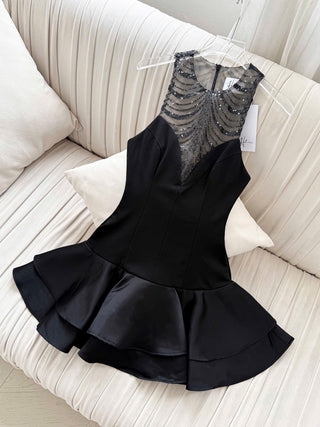 jessica sequin tulle ruched hem mini dress in black