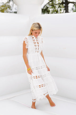 Christy Embroidered Belted Midi Dress - White