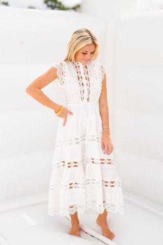 Christy Embroidered Belted Midi Dress - White