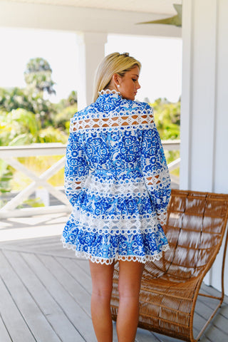 Gracie Long Sleeve Hem Dress - Blue/White