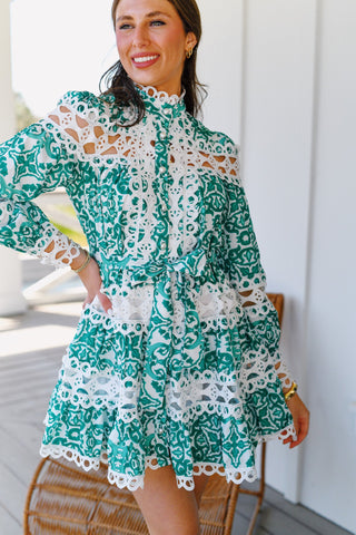 Gracie Long Sleeve Hem Dress - Green/White