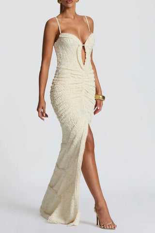 slit pleated bodycon maxi dress in kahki