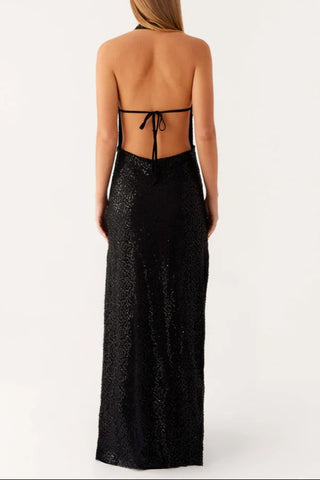 Sequin cutout halter backless Maxi Dress in Black