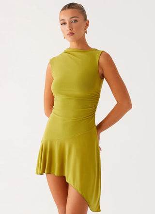Mesh pleated bodycon Mini Dress in Lime