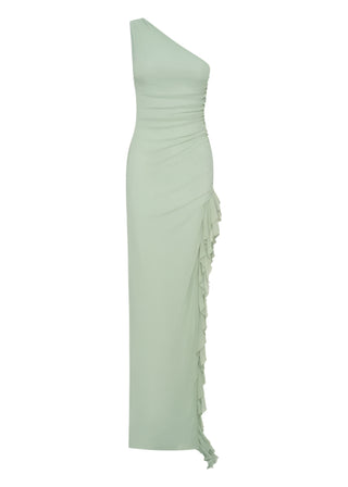 one-shoulder slit ruffle trim Maxi Dress in Sage green