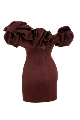 burgundy satin ruffle strapless mini dress