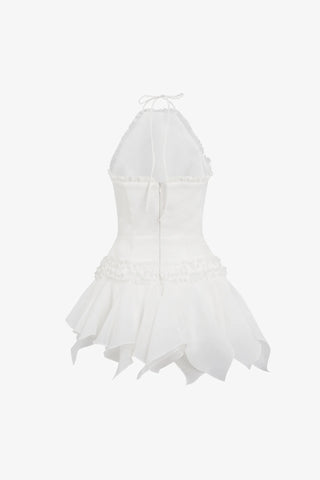 astrid Halter neck 3D flower lace puffy mini dress in white