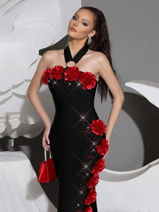 sebastiane Halterneck Flower Bandage Maxi Dress in black