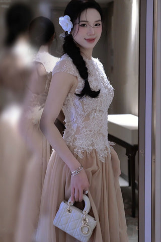 elvira Sequin lace crochet patchwork mesh maxi dress in brown