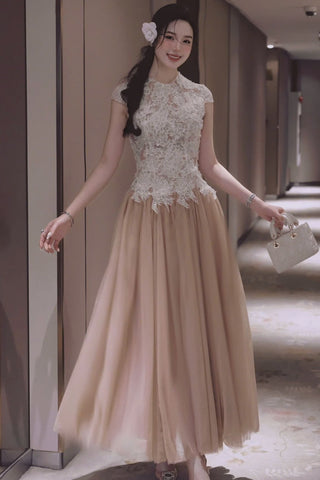 elvira Sequin lace crochet patchwork mesh maxi dress in brown