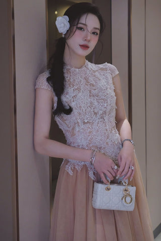 elvira Sequin lace crochet patchwork mesh maxi dress in brown