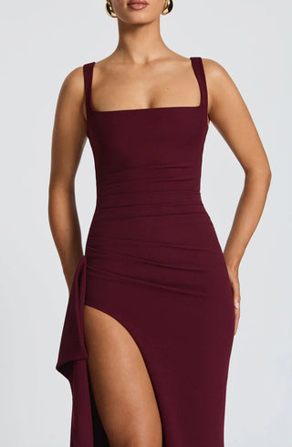 pleated high slit Stretch crepe maxi dress in burgundy