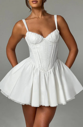lace ruffle trim corset mini dress in white