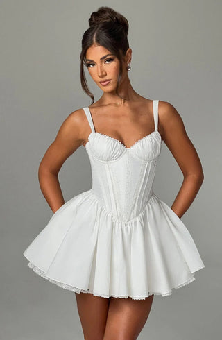 lace ruffle trim corset mini dress in white