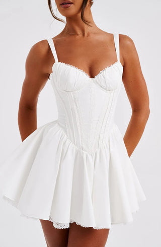 lace ruffle trim corset mini dress in white