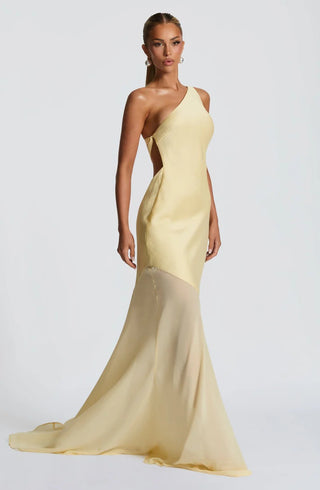Lace-up beveled back satin maxi dress in lemon yellow
