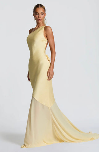 Lace-up beveled back satin maxi dress in lemon yellow