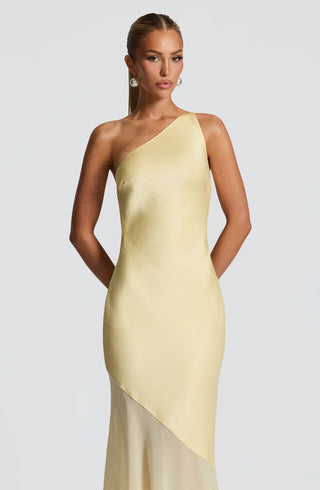 Lace-up beveled back satin maxi dress in lemon yellow