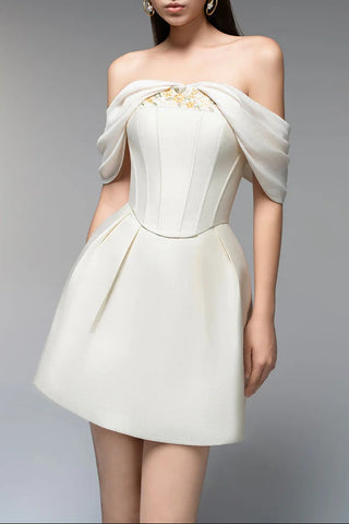 embroidery A-line Off-Shoulder Polyester Mini Dress in beige