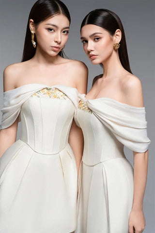 embroidery A-line Off-Shoulder Polyester Mini Dress in beige