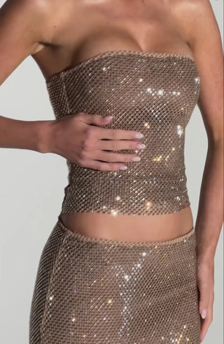 mirabelle sequin tube top maxi skirt suit in gold
