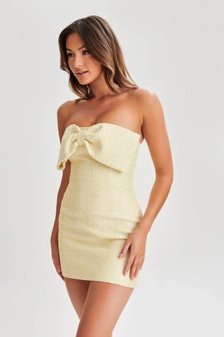 zenobia Tweed Bow Mini Dress - Lemon