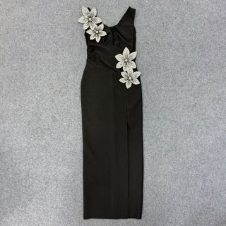 rita black 3D Floral Rhinestone Bodycon Slit Maxi Bandage Dress