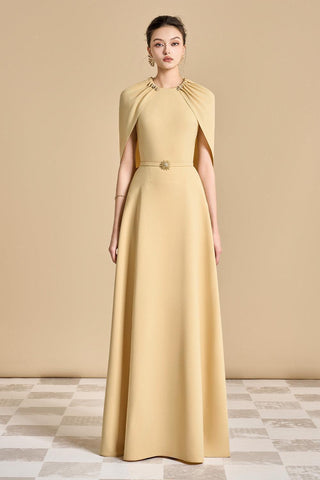 Jasmine A-line Cape Sleeved maxi Dress in yellow beige